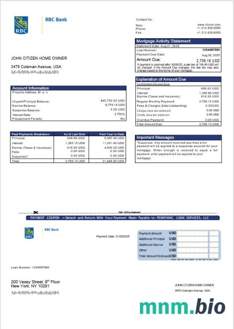 USA RBC Bank wyciąg z kredytu hipotecznego w formatach Word i PDF